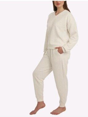 Lands' End White Quilted V-Neck Sweatsuit Pullover Jogger Set Cream White XL